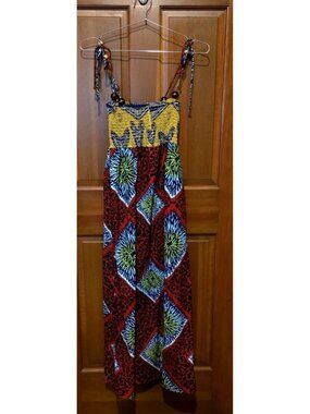 Fresh Karma Tank Dress Women's Multicolor African Print Smocked Tie/BEAD Strap M